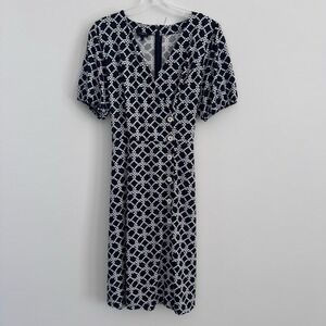 Talbots Petite LP Women Navy White Print Midi Dress V Neck Button